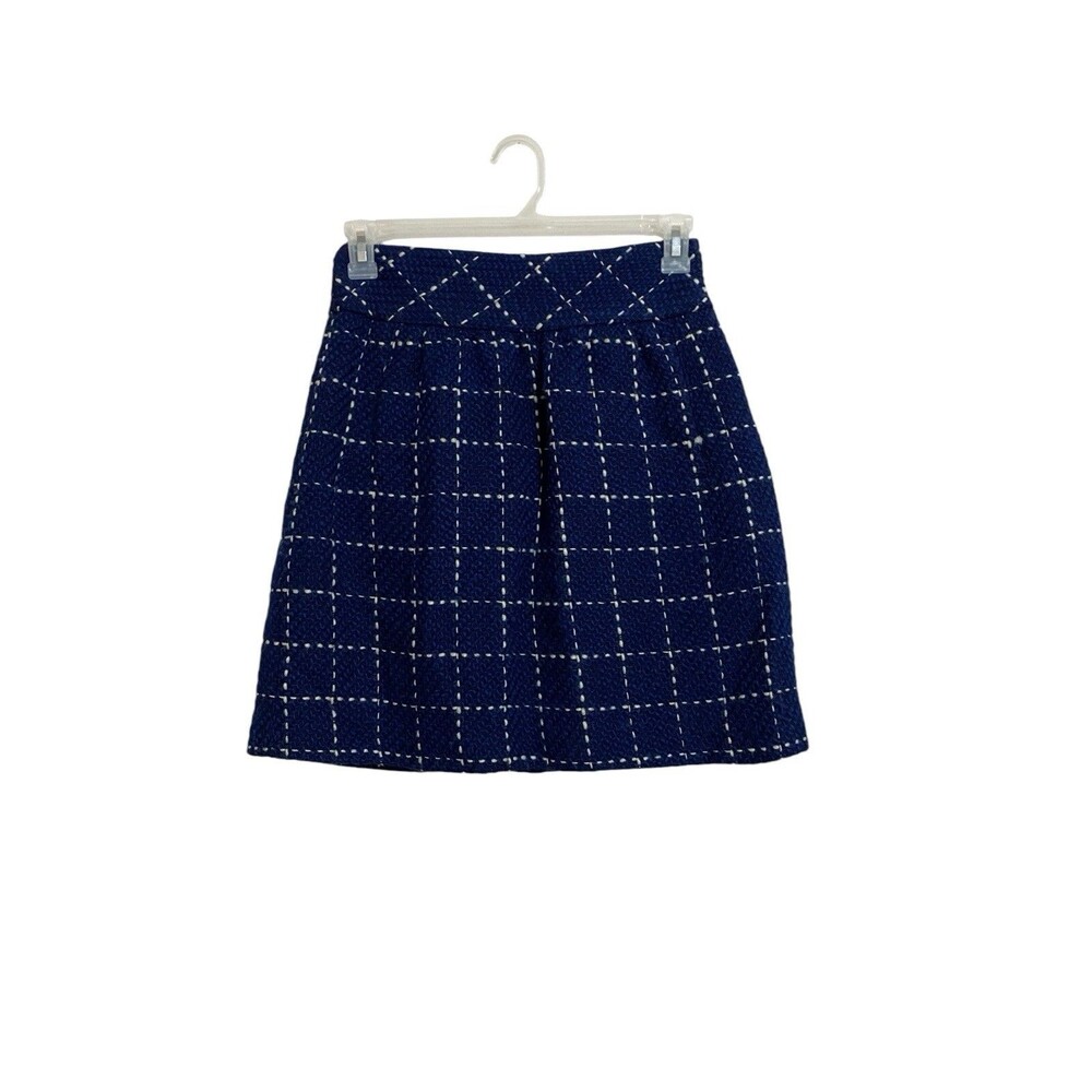 Maeve Anthropologie Navy Windowpane Plaid Wool Blend Mini Skirt 2 Preppy